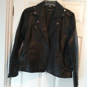 Black Motorcycle Jacket, Size L, Faux Leather, NWOT, two sets of front zippers.